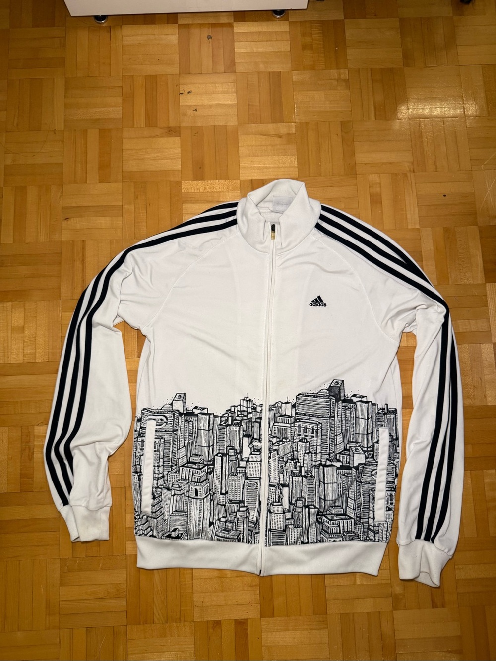 adidas White Track Bomber Jacket with Black Cityscape & Three Stripes